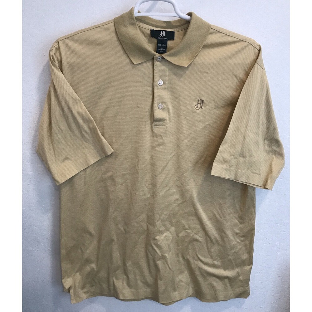 Mens JH Collection Golfer Polo Golf Shirt Embroidered Sz L Gold Stripe ITALY